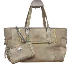 Coach Legacy Suede Tote F04Q-1430 Tan Buckskin Leatherware Lime Lining w/ Wristl